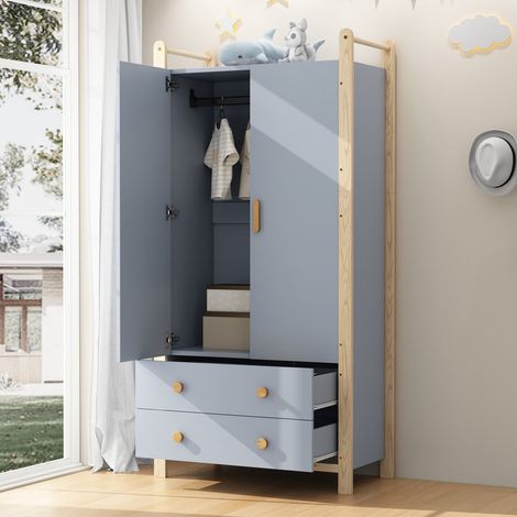 Armoire 2 portes 90 x 45 x 180 cm, meuble de rangement avec penderie et 2 tiroirs – idéale pour chambre, salon et couloir