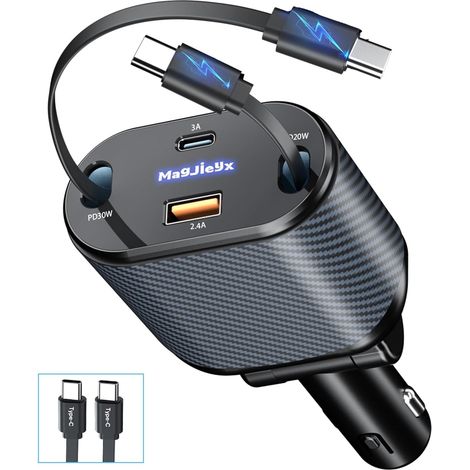 Retractable Car Charger, 80W USB C Cigarette Lighter Charger (Dual Type C Cable, USB-A/C Port), 4 in 1 Fast Charge Compatible with 16 15 14 13 12 11/Tablet, Dark Grey (1/5)