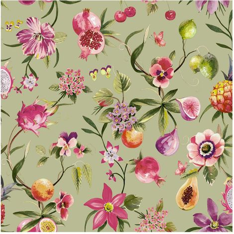 Floral Fruit Wallpaper Sage Green Pink Purple Natural Botanical Feature Wall (1/4)