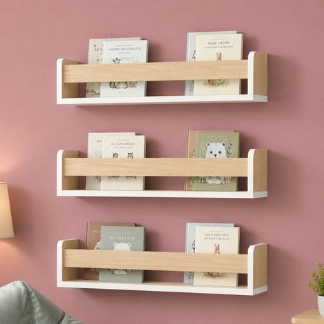 Relaxdays Children's Wall Shelves 3pc, Wall-mounted Bookshelf, HxWxD: 10 x 58 x 12 cm, white/natural (1/5)