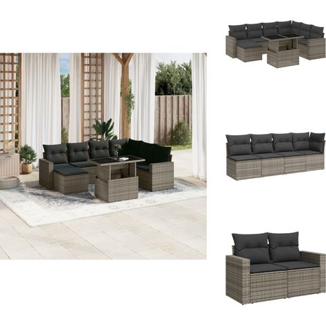 Salon de jardin 8 pcs avec coussins gris résine tressée - Ensemble Salon De Jardin - Meuble Extérieur - Résine Tressée - Rotin Synthétique - Table Extensible (1/5)