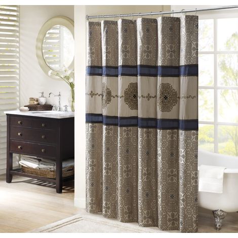 Rideau de Douche brodé en Jacquard tissé - Décoration Traditionnelle de Salle de Bain - Lavable en Machine - Brise-Vue en Tissu - 183 x 183 cm - Bleu Marine (1/5)