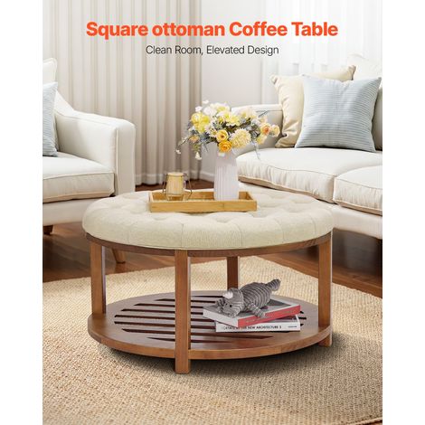 Grande table basse ronde capitonnée en lin, 810 mm, repose-pieds rembourré avec étagère de rangement en bois massif, capacité de po… (1/5)