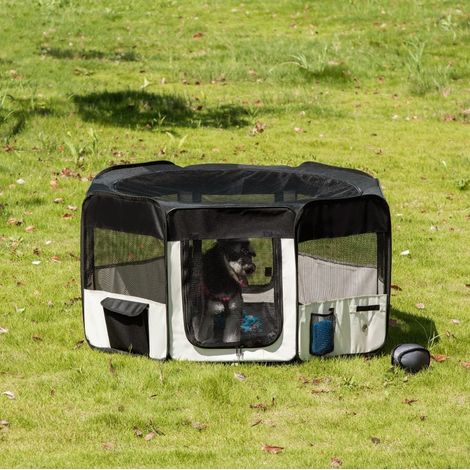 Parque plegable para cachorros con cubierta de malla Ø120 x 58 cm Negro y blanco crema (1/5)