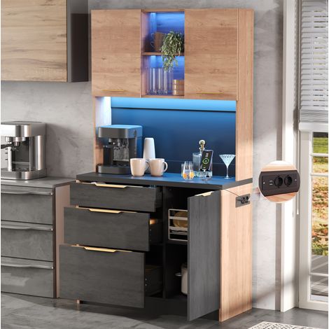 Küchenhochschrank mit LED und Steckdose MDF Betonoptik OKMYHOME (1/5)