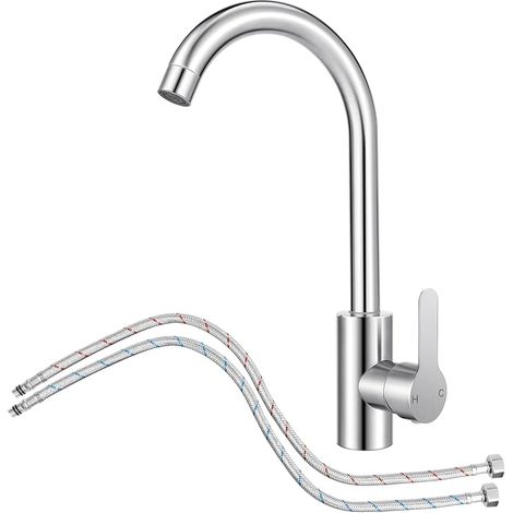 Mitigeur Cuisine avec Tuyau Flexible G3/8 x M10,Robinet Cuisine en Acier Inox avec Bec Pivotant à 360° Monocommande,Robinet Evier de Cuisine d'Arc à Sortie d'Eau Haute (1/5)