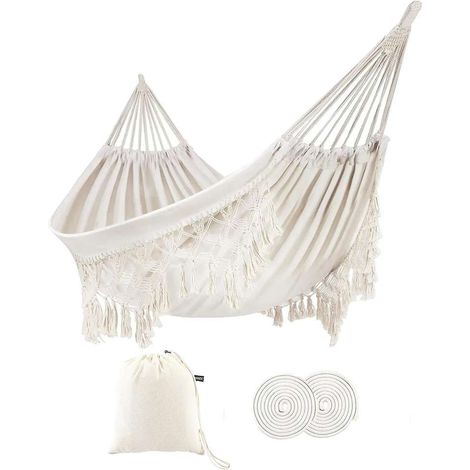 Filiyano-Hamac double, balancelle bohème à franges - Hamac portable pour 2 personnes, idéal pour terrasse, véranda, jardin, extérieur et intérieur (1/5)