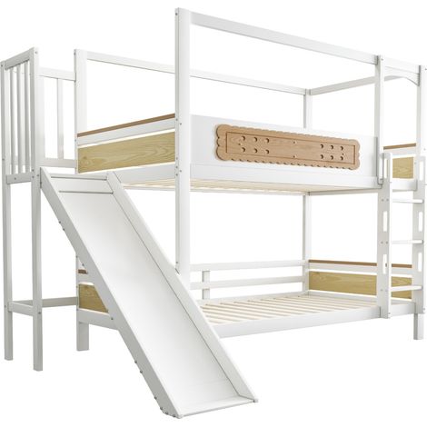 Litera infantil 90 x 200 cm de madera blanca y natural con tobogán y escalera ancha (1/5)