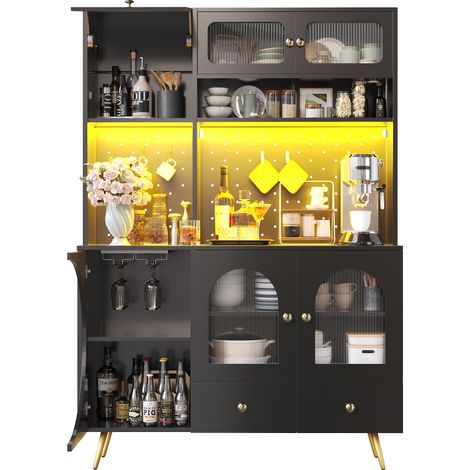 CAIziBuffet moderne avec éclairage LED, meuble haut de cuisine avec ports USB et prises, armoire haute pour cuisine et salon, meuble de rangement avec panneau perforé, tiroir et étagères en verre, noi (1/5)