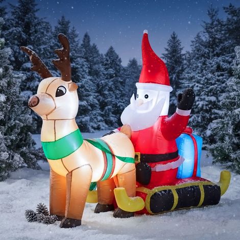 Aufblasbarer XL Rentierschlitten mit LED Beleuchtung und Stecker für Außen und Innen - 200 x 130 cm - Riesen Weihnachtsfigur selbstaufblasend beleuchtet