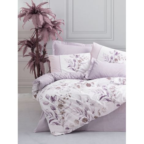 Parure de lit - 1 housse de couette 220 x 240 cm + 2 taies d'oreiller 60 x 60 cm - 100 % coton renforcé - Lilas