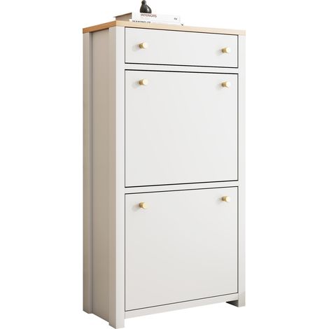 CHICFURN Zapatero estrecho con 2 puertas abatibles, cajón y estantes ajustables, mueble zapatero blanco y madera clara para recibidor, pasillo y entrada pequeña (1/5)