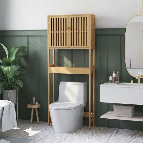 Étagère de toilettes meuble de salle de bain dessus toilette WC avec placard 2 portes et étagère ouverte bambou (1/5)