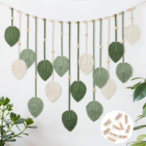 Grande tapisserie murale en macramé, style bohème, motif feuilles, tissée - Décoration pour chambre, salon, chambre d'enfant (vert) (1/5)