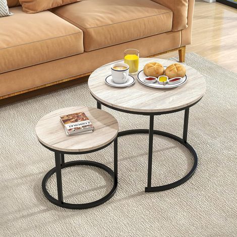 Petit Table Basse pour Salon, Table Basse Ronde Blanche, Lot de 2, Cadre en métal avec Table de canapé en Bois, Montage Stable et Simple, Table d'appoint empilable pour Chambre à Coucher (1/5)