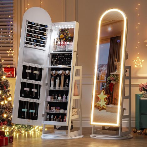 Armoire à Bijoux avec Arqué Miroir, Lumières LED, Pivotant, Blanc (1/5)