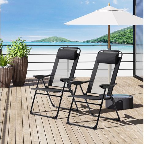 Lot de 2 chaises pliantes de jardin avec dossier inclinable 5 positions, accoudoirs, structure en acier, assise en tissu noir, pliables, 120 kg - CHICFURN (1/5)