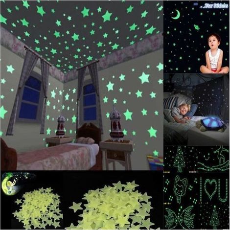 Lot de 100étoiles Autocollant Sticker Mural Phosphorescent Stickers Autocollant Mural Bébé Chambre Fenêtre Plafond Mur sticker (1/4)