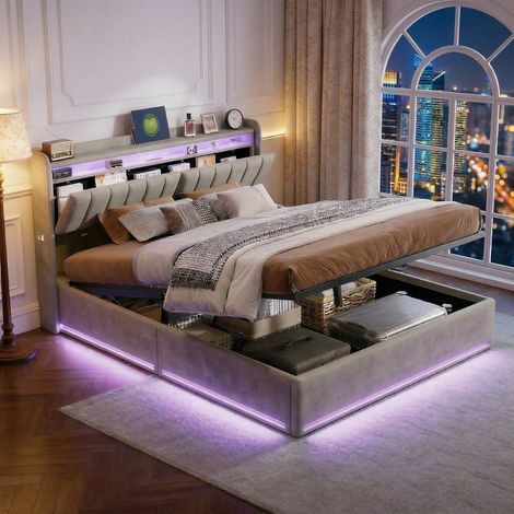 Lit Coffre 140x190 cm avec Sommier LED et USB,Lits Hydraulique 2 places avec Rangement et Tete de Lits Rembourré, Cadre de Lits Double pour Adultes et Adolescents,Sommier à Lattes,Gris Velours (1/5)