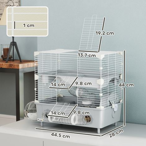 Cage à hamster à deux étages avec trois portes (avec roues et tubes), en acier, PS et PP, 44,5 x 28 x 44 cm, gris et blanc. (1/5)