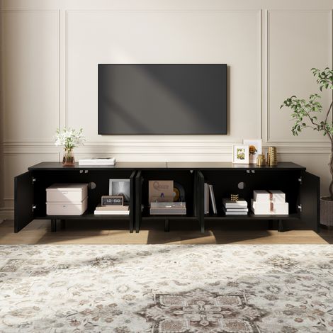 Mobile TV basso 180 cm con 5 ante, gambe in metallo, PB e MDF, nero (1/5)