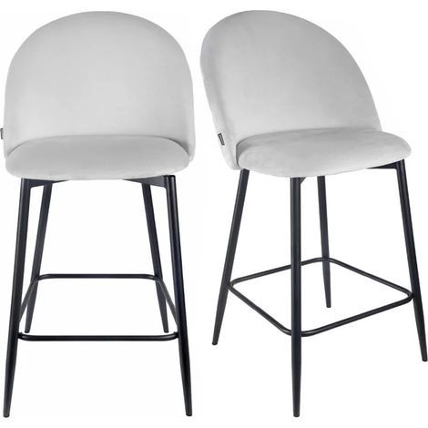 Lot 2 chaises de bar en velours gris clair et pieds en métal - FARA 2 (1/5)