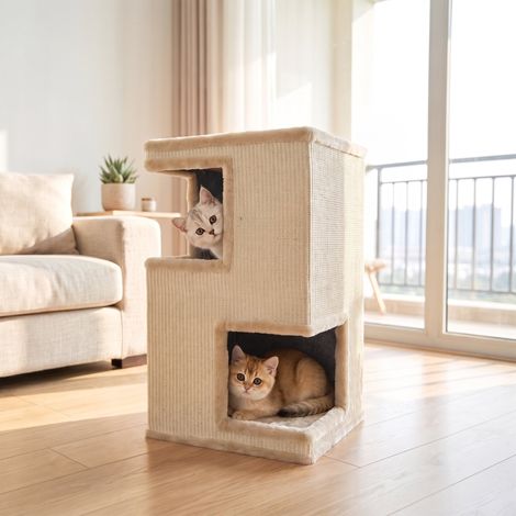 Cage à chat intérieure à 3 étages, grotte semi-fermée avec surfaces à griffer tout autour, 2 grottes pour chats (1/5)