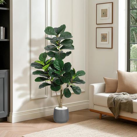 Arbre Ficus Lyrata Artificiel – Plante Décorative d’Intérieur Très Réaliste, Feuilles Denses, Facile à Monter, Idéal pour Salon ou Bureau, Pot Noir 20cm, Cadeau Crémaillère,120cm