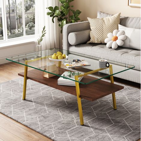 Table basse rectangulaire en verre trempé, pieds métal dorés, 98 x 58 x 42,5 cm DESVIAE (1/5)