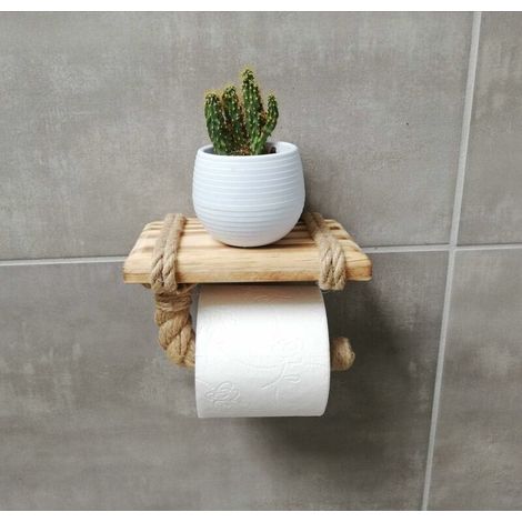 Porte Papier Toilette avec étagère - Tablette en Bois et Corde pour téléphone ou déco (1/4)