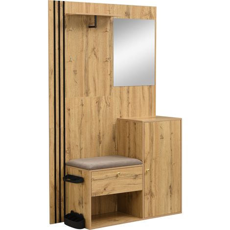 Porte-manteau mural compact en MDF avec miroir, coussin et porte-parapluie, 115 x 185 x 37 cm, coloris bois et noir (1/5)