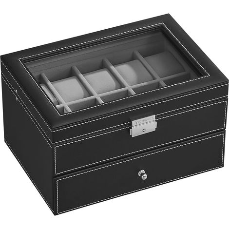 Songmics – Boîte à montres 20 montres – Écrin à 2 niveaux en MDF avec couvercle en verre – Doublure en velours gris – Dimensions 20,5 x 28,5 x 16,5 cm (1/5)