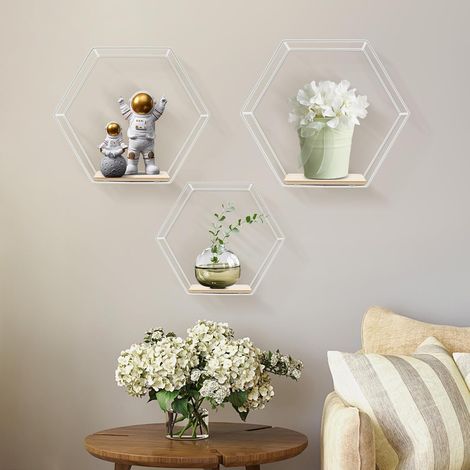 Hexagon Wall Shelves Set of 3 Modern Style Wall-Mounted 11 lbs Load Capacity Each Suitable for Bedrooms Living Rooms Fireplaces Dining Rooms Entrances (1/5)