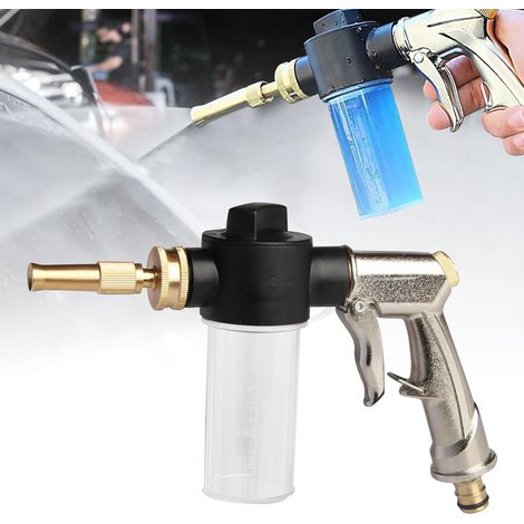 Tuyau d'arrosage avec réservoir, pistolet pulvérisateur, buse à mousse, distributeur de savon, pistolet pulvérisateur pour arrosage, lavage de voiture et nettoyage des animaux. (1/5)