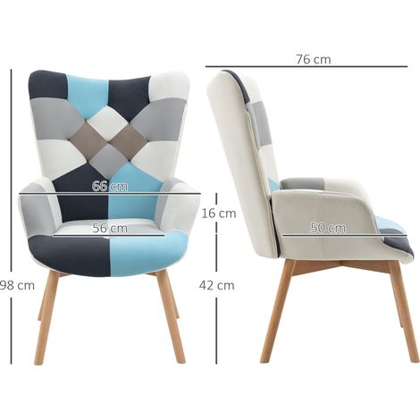 Fauteuil en velours matelassé pour la chambre à coucher, pieds en bois, 66 x 76 x 98 cm, multicolore (1/5)