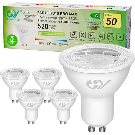 Ampoules LED GU10 2.9W Equivalent 50W, 520LM 4000K Blanc Neutre, Angle de Lumière 100°, Ampoule GU10 Led Energétique