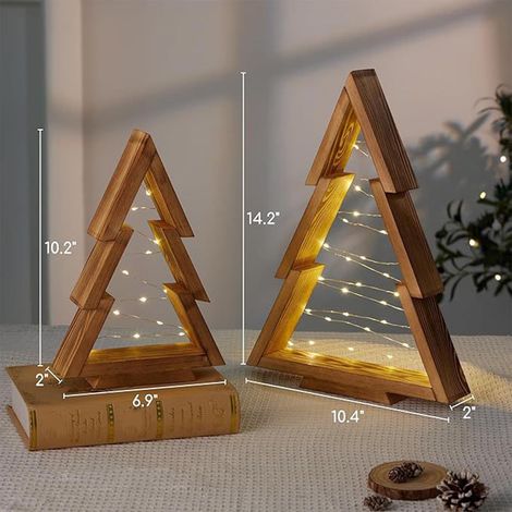 Arbre De Noël En Bois - Veilleuse De Bureau Avec Lumières À Fil - Décoration Intérieure Pour Cheminée Bureau Intérieur - 2 Pièces (1/4)