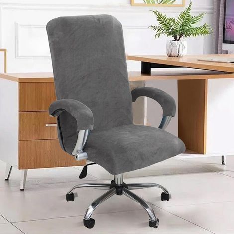 Funda de terciopelo elástico para silla de oficina con reposabrazos - Funda para silla gaming - Gris, XL (1/4)