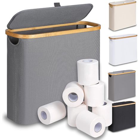 Panier Rangement Papier Toilette - 1 Unité - Bambou et Tissu Oxford - Couvercle Anti-poussière - Salle de Bain Étroit - Gris 43x17x38cm (1/5)