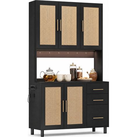 Buffet cuisine LED connecté avec 2 prises, 2 USB, 3 tiroirs et rangements modulables, finition noire, idéal salle à manger, bureau, CHICFURN (1/5)