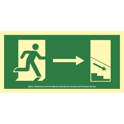 Señal de evacuación escalera abajo derecha Aluminio Clase A SEKURECO                         320 x 160 mm                          CLASE A (ALUMINIO 0'5 mm)