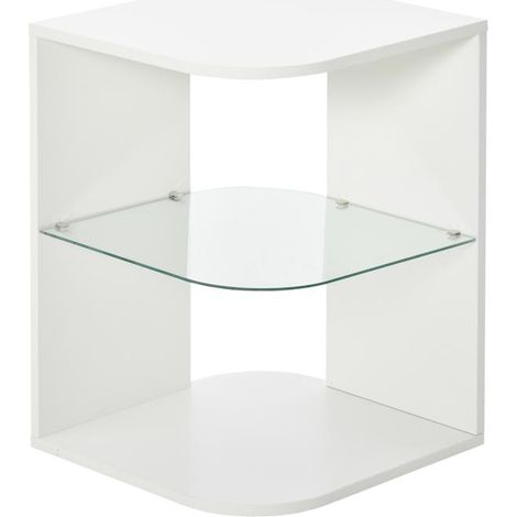 Table d'appoint blanche et verre avec 3 étagères pour chevet et salon, 40x40x56 cm, style épuré et lumineux design