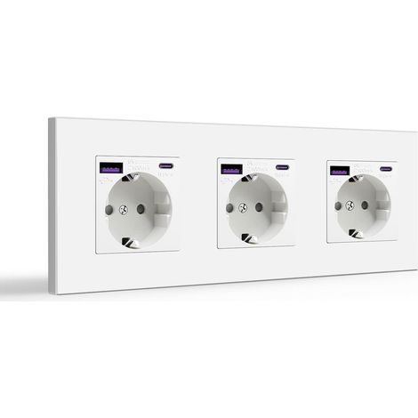 Prise murale, 16 A 250 V, prise Schuko avec 20w usb A/C Ports simple sur panneau plastique, 3 postes, blanc (1/5)
