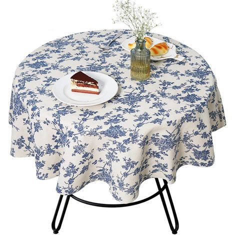 Nappe en lin bleu-Motifs floraux pastoraux-Convient à une utilisation intérieure et extérieure-140centimètre x 140Diamètre (1/5)