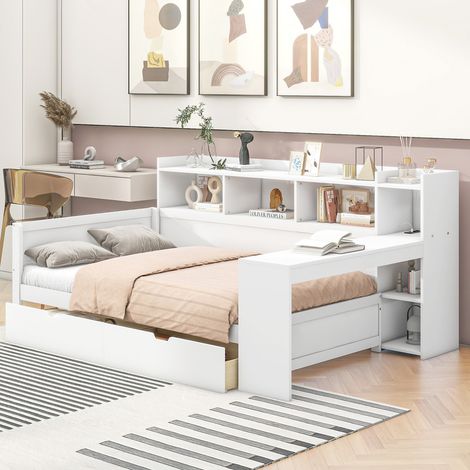 Canapé lit 90x200 cm - Table de chevet + étagère sous table - Prise et port USB - 2 tiroirs + bureau - Blanc(matelas non inclus)