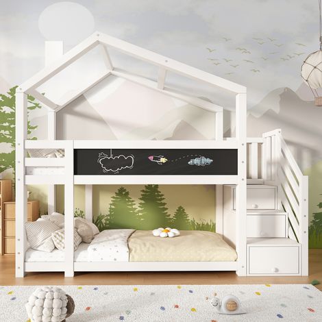 Lit superposé enfant 90×200 avec échelle de rangement et planche à dessin,lit cabane,cadre de lit enfant,blanc (1/5)