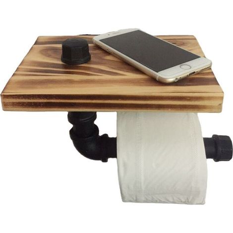 Porte-rouleau en Papier Toilette Design Rétro Métal Tube Étagère Ensemble de Rangement avec Plateau en bois Noir