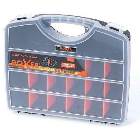 Boîte de Rangement avec 18 Compartiments – 25,5 x 21 x 4 cm – Séparateurs Ajustables – Couvercle Transparent – Noir/Orange – Plastique PP (1/2)