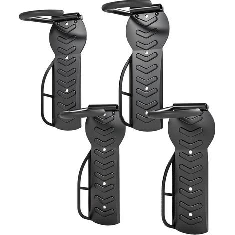 Juego de 4 soportes de pared para bicicletas. Ganchos para colgar bicicletas, para interior/exterior, 25,5 x 10,5 x 4 cm, color negro. Ideales para ahorrar espacio en la pared. (1/5)