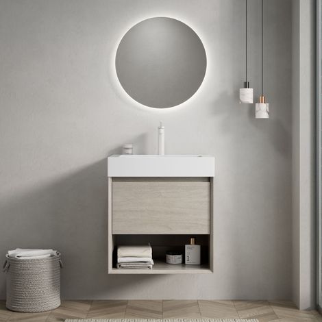 Mueble de lavabo mural de resina y contrachapado roble claro y blanco, 55 cm, con cajón y estante abierto